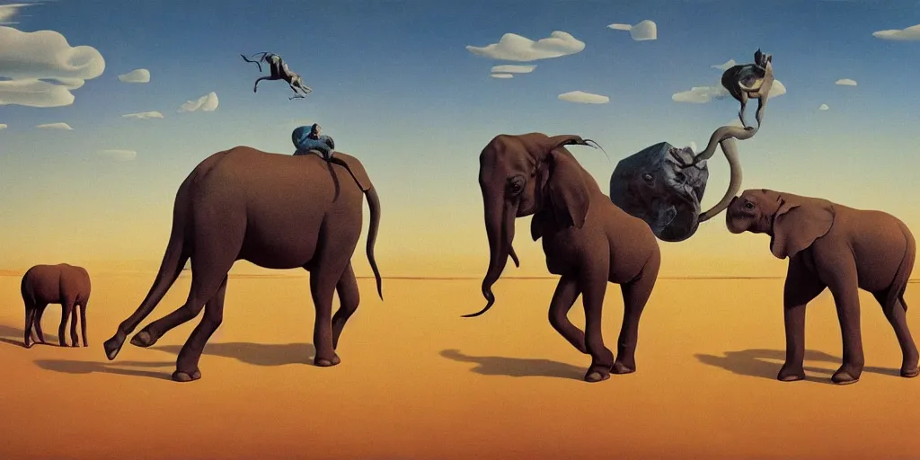 Image similar to Surrealist painting of horses and elephant with giant legs in a strange and curious desert, dali, magritte, Ethereal, artstation, 8k