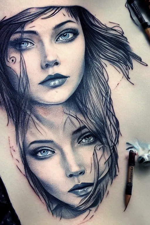 Image similar to tattoo design sketch of a beautiful blue - eyed woman face with a faded background of beautiful mountains and nature on her side, hyper - realistic, in the style of den yakovlev, amazing detail, black and white