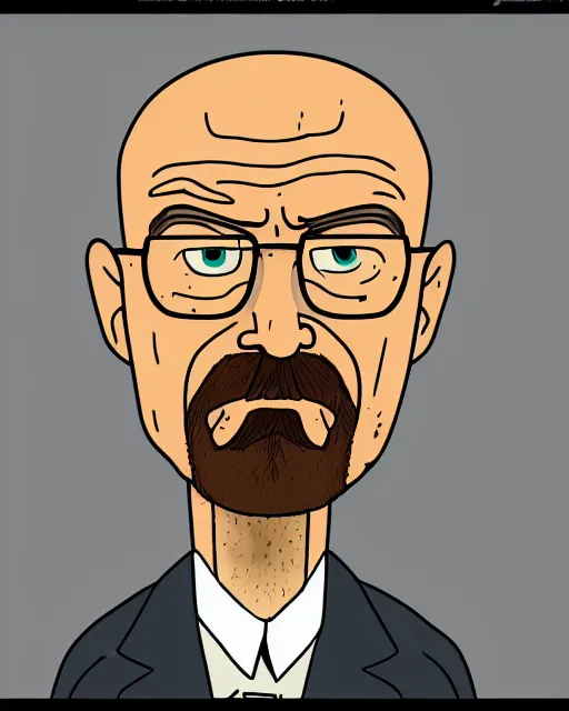 Prompt: portrait of walter white in the style of justin roiland. heisenberg from breaking bad. cinematic lighting. style of rick & morty. photographic, photography. by justin roiland