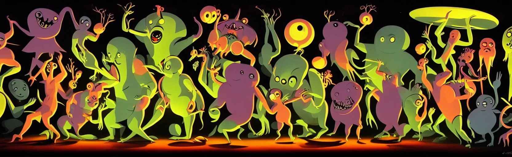 Prompt: whimsical creatures from the depths of the collective unconscious, dramatic lighting, surreal dark 1 9 3 0 s fleischer cartoon characters