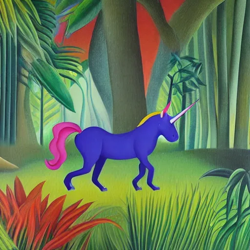 Image similar to A unicorn walking over a rainbow in the jungle by Henri Rousseau, trending on artstation