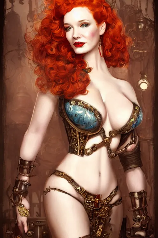 Image similar to three-quarters pose portrait of Christina Hendricks as a sensual Lady Mechanika, very beautiful young woman, ginger wavy hair, Victorian-era push-up underwire. Intricate, steampunk imagery themed, D&D!, fantasy style, sharp focus!, ultra detailed, art by Artgerm and Peter Andrew Jones, WLUP