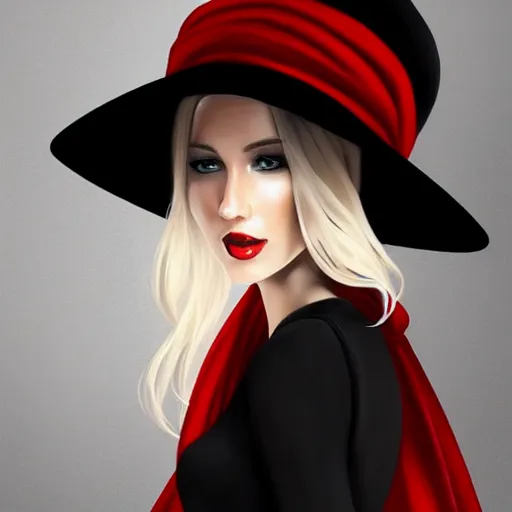 Image similar to beautiful woman in a black dress, full length photo, wearing a white hat and a red scarf, head bowed slightly, looking mischievously and mysteriously at the camera, wavy blond hair, knees upturned, very beautiful woman, 4k highly detailed, digital painting, artstation, concept art, matte, sharp focus, illustration, art by Artgerm and Greg Rutkowski and Alphonse Mucha