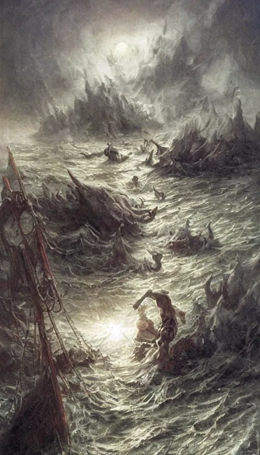 Image similar to man on boat crossing a body of water in hell with creatures in the water, sea of souls, by james gurney