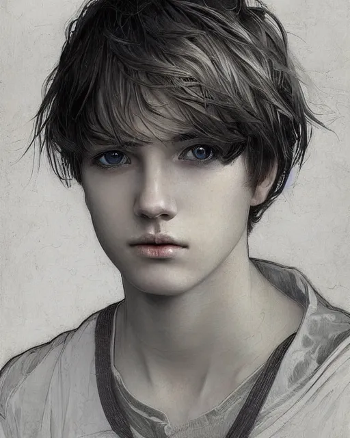 Image similar to portrait a 1 5 - year - old boy, with slender, smooth sleek white - blond hair, cold grey eyes, a pale complexion with sharp and pointed features, wearing black clothes, hyper realistic face, beautiful eyes, close up, fantasy art, in the style of greg rutkowski, intricate, alphonse mucha, hyper detailed, smooth