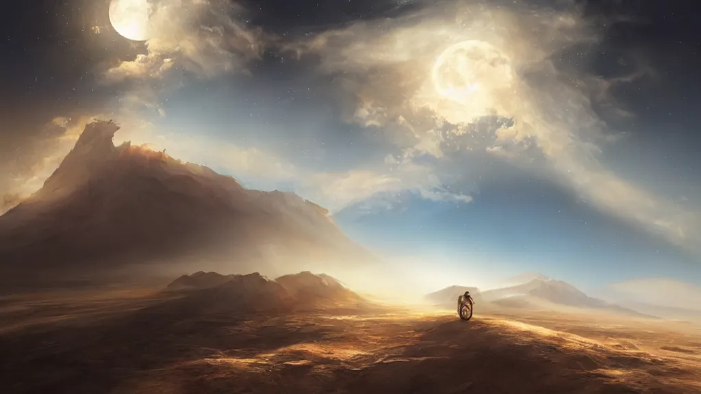 Prompt: The moon, the desert, the rays of the sun through the dust, a shock wave, birds and clouds in the sky enter the earth, art by Jessica Rossier,