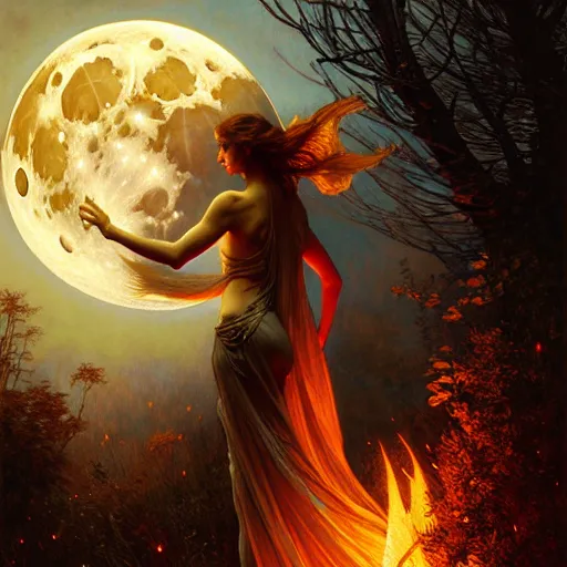 Image similar to full moon on fire, fantasy, intricate, elegant, dramatic lighting, emotionally evoking symbolic metaphor, highly detailed, lifelike, photorealistic, digital painting, artstation, concept art, smooth, sharp focus, illustration, art by John Collier and Krenz Cushart and Artem Demura and Alphonse Mucha and Albert Aublet