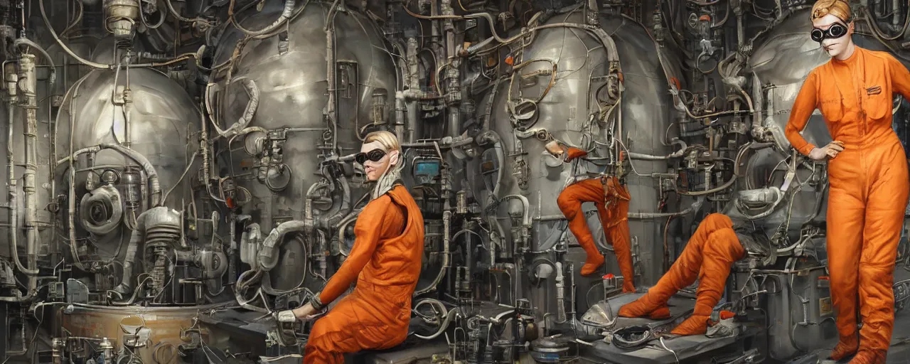 Image similar to oil painting, character concept art 3 / 4 portrait of tattooed stoic heroic emotionless butch blonde woman engineer with short slicked - back hair, wearing dark victorian goggles, wearing orange bandana around neck, working inside reactor room, awkward and uncomfortable and anxious, dirty, ron cobb. industrial space program, scifi, hyper detailed. octane render. trending on artstation