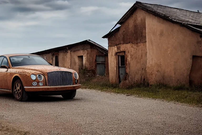 Image similar to rusty Bentley Continental GT drives along the road of an old Russian village with houses at the edges