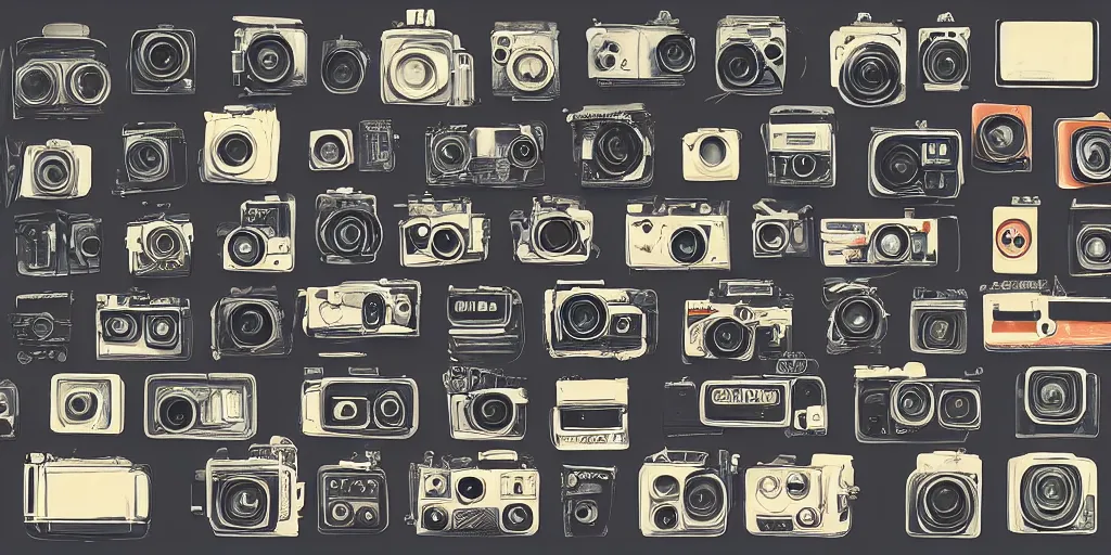 Image similar to full color page scan of various vintage cameras illustrations on black background, in matte painting, 2 d, kitbash, 4 k