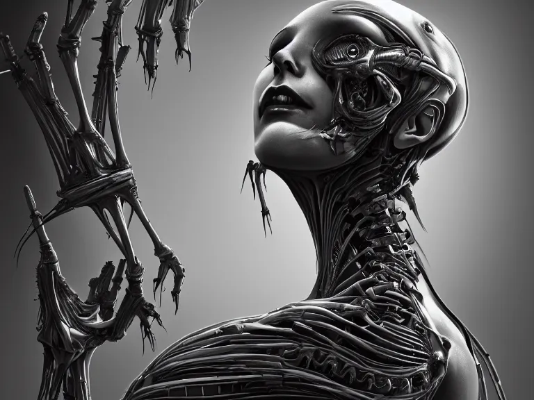 Prompt: a biomechanical woman on the verge of death, by h. r. giger, 8 k, digital painting, stylized, dark gray color scheme, dynamic lighting, octane, trending on artstation