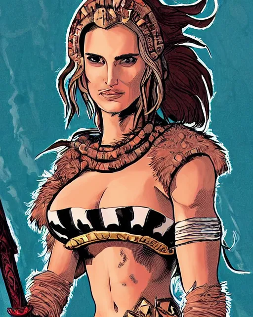 Prompt: graphic novel cover art, natalie portman as a barbarian queen wearing a bikini made from animal furs charging towards her enemy with a look of bloodlust, highly detailed, masterpiece, realistic shadows, focus on facial details, bold lineart
