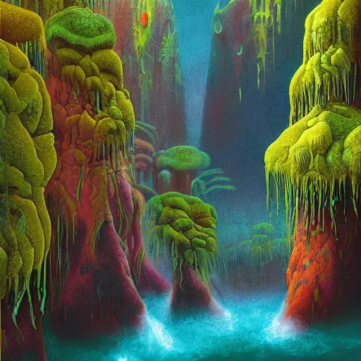 Prompt: digital painting of a lush wet natural scene on an alien planet by gerald brom. digital render. detailed. beautiful landscape. colourful weird vegetation. cliffs.
