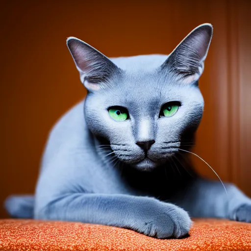 Image similar to Fujichrome Provia 100F photograph of a Russian Blue cat, sigma 85mm f/1.4, 15mm, 35mm, tilted frame, extreme long shot, action shot, long exposure, 4k, high resolution, 4k, 8k, hd, wide angle lens, highly detailed, full color, harsh light and shadow, intoxicatingly blurry