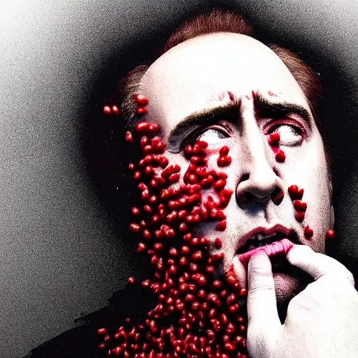 Prompt: nic cage screaming while covered from head to toe in red bees, award winning portrait