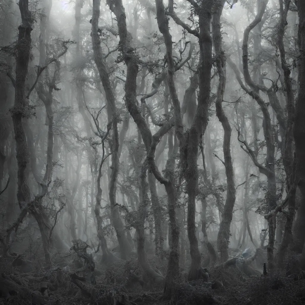 Prompt: Photorealistic nightmare in the foggy woods in the style of Michael Whelan and Gustave Dore. Hyperdetailed photorealism, epic scale, misty, 108 megapixels, amazing depth, glowing rich colors, powerful imagery, psychedelic Overtones, 3D finalrender, 3d shading, cinematic lighting, artstation concept art