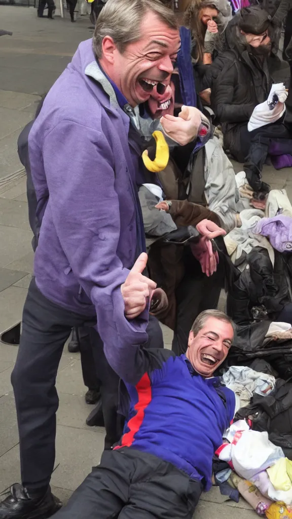 Image similar to nigel farage laughing maniacally at homeless person