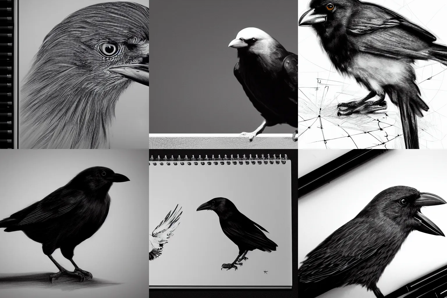 Prompt: black and white detailed sketch, 4k hyper realistic, cross hatch, crow of death