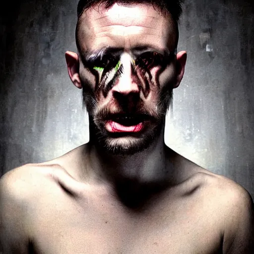 Image similar to HD photorealistic portrait of Alasdair 'Balor' Quinn, a 33-year old man with short cropped hair and a square jaw. Has a goetic aesthetic. Alasdair is a modern day warlock and psychonaut of the Mastigos Path. portrait by Annie Liebovitz, Jason Harkness, and Carlos Samuel Araya,