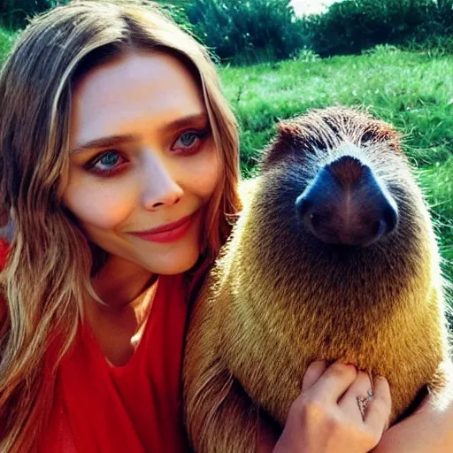 Image similar to elizabeth olsen with a capybara