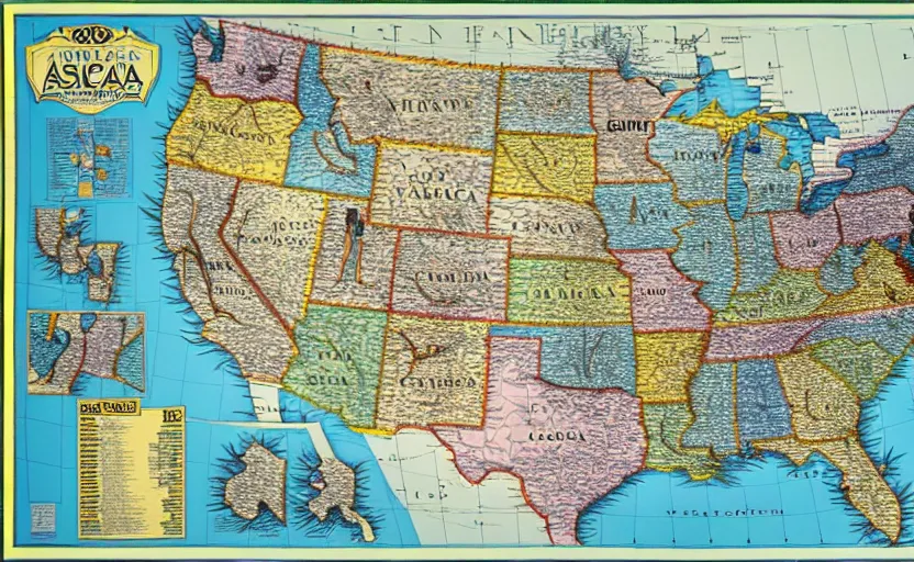 Prompt: aspics of america map, map key, tourist map, brochure, hd, detailed