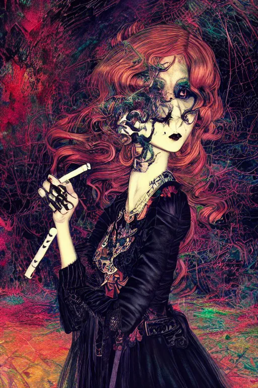 Prompt: Gothic girl smoking a cigarette, 60s kitsch and psychedelia, dark background. digital art. amazing quality. perfect lighting. Professional design. Great composition. by Ayami Kojima and Tomoyuki Yamasaki and Tsutomu Nihei, octane render, award winning art. impressive colors. trending on artstation. James Ensor style