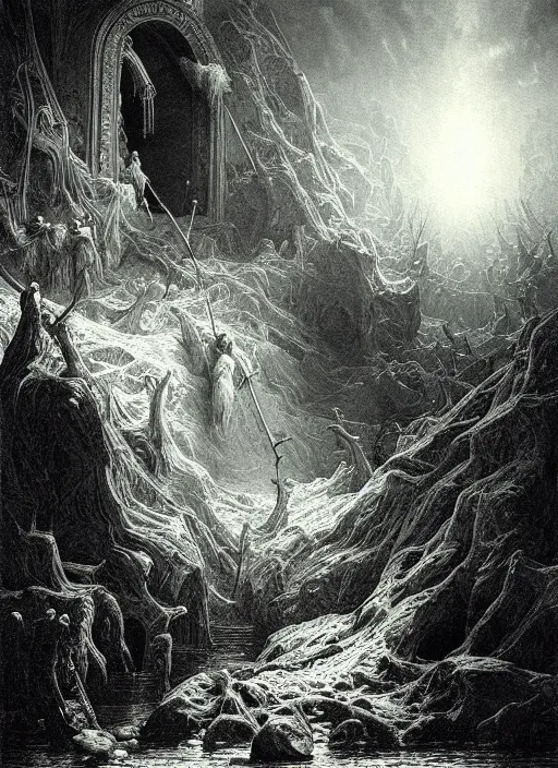 Prompt: as above, so below, epic scene, photorealistic, highly detailed, texture, soft light, dramatic, moody, ambient, painting by gustave dore