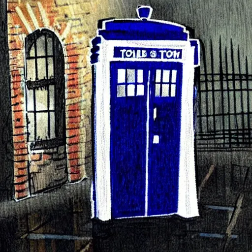 Image similar to Concept art of Queen Elizabeth II stepping out of the Tardis on a dark rainy London street