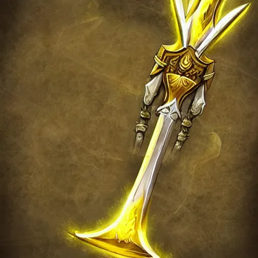 Image similar to yellow broad sword, giant sword, war blade weapon, magic the gathering art, fantasy game art style, league of legends style art