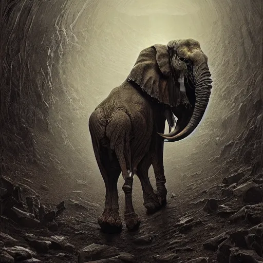 Prompt: demonic skeletal elephant in the style of michael whelan and gustave dore. hyperdetailed photorealism by greg rutkowski, 1 0 8 megapixels, cinematic lighting