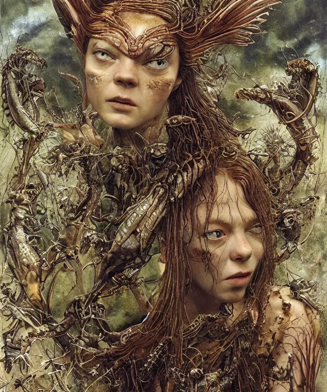 Prompt: a portrait photograph of a fierce sadie sink as an alien harpy queen with slimy amphibian skin. she is trying on tactical bulbous slimy organic membrane parasitic fetish fashion and transforming into an insectoid amphibian. by donato giancola, walton ford, ernst haeckel, brian froud, hr giger. 8 k, cgsociety