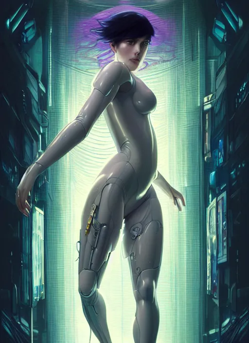 Image similar to ghost in the shell, d & d, wet, shiny, fantasy, intricate, elegant, higly detailed, ultra definition, digital painting, artstation, unreal engine rendered, concept art, smooth, sharp focus, illustration, art by artgerm and greg rutkowski and alphonse mucha and garis edelweiss