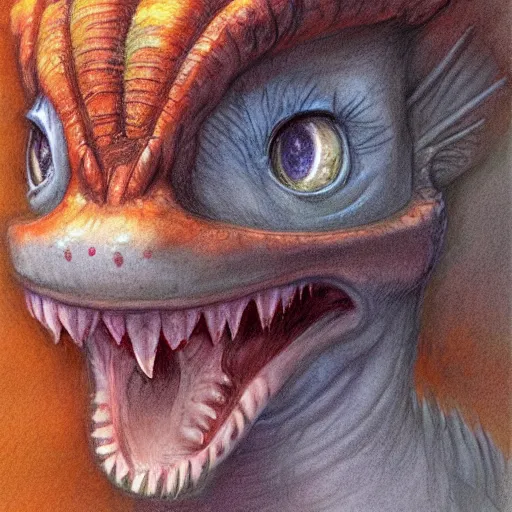 Prompt: happy and cute face of dilophosaurus, face only, smile, pencil drawing, pastel, by marc simonetti