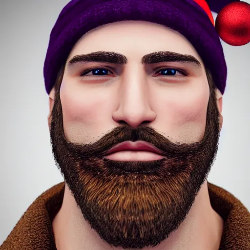 Image similar to strong attractive man face symettry brown beard with christmas hat masculine traits brown hair purple eyes clean skin ultra realistic highly detailed highly realistic 8 k photo realistic