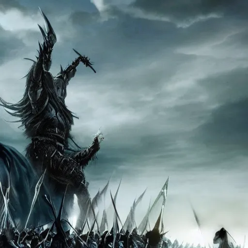 Image similar to A promotional image from the new Simarillion movie by New Line Cinema, Morgoth is towering over Fingolfin at the battle of Angband, 4k, Cinematic, highly detailed special effects