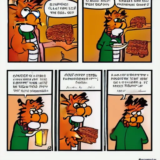 Prompt: “four panel Garfield comic in which Garfield hates lasagne and loves Mondays”