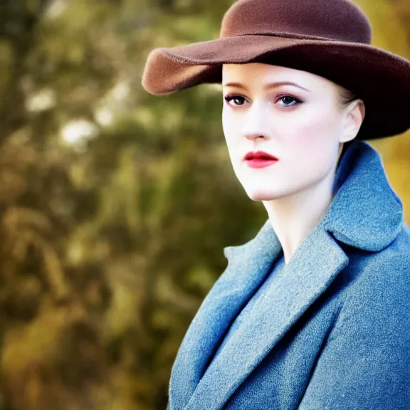 Prompt: portrait evan rachel wood angle 9 0 ° centred looking away breading fresh air, caracter with brown hat, background soft blue