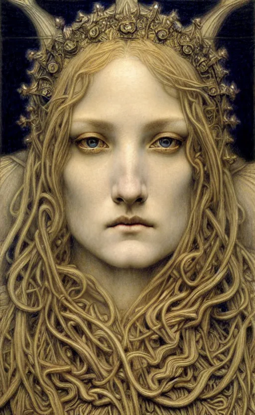 Image similar to detailed realistic beautiful young medieval queen face portrait by jean delville, gustave dore and marco mazzoni, art nouveau, symbolist, visionary, gothic, pre - raphaelite. horizontal symmetry