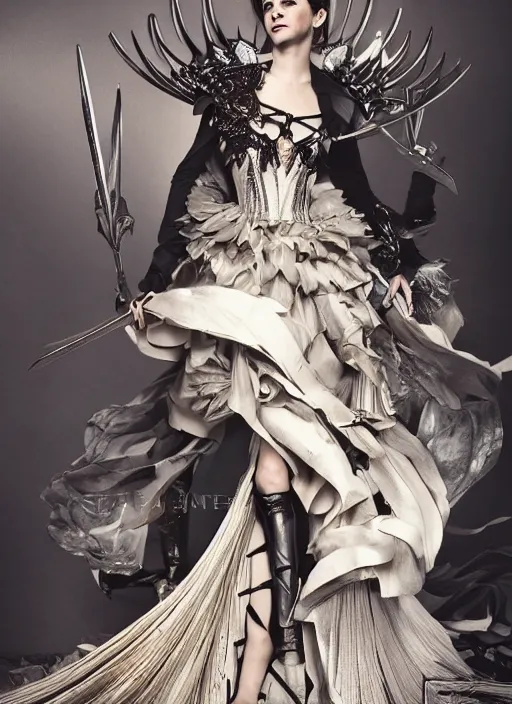 Image similar to expressive full body photo of a emma watson, headpiece made from knives, dress made of swords, glamour shot, by karol bak, by stefan gesell, photorealistic, canon r 3, fashion photography, hyper maximalist, elegant, ornate, luxury, elite, environmental portrait, symmetrical features, octane render, unreal engine, solid dark grey background, dramatic lights