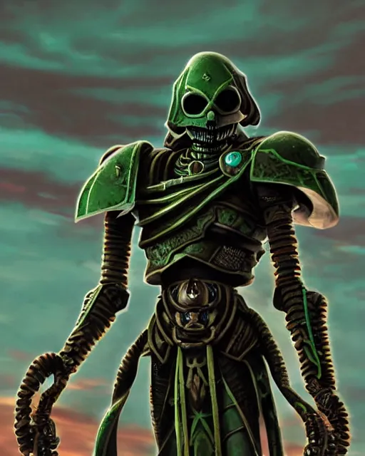 Prompt: Close up of a singular necron warrior. At night, underexposed, clean horizon, matte painting by craig mullins and dan mumford, cinematic, warhammer 40k, dark sci-fi,concept art trending on artstation, 4k, insane details