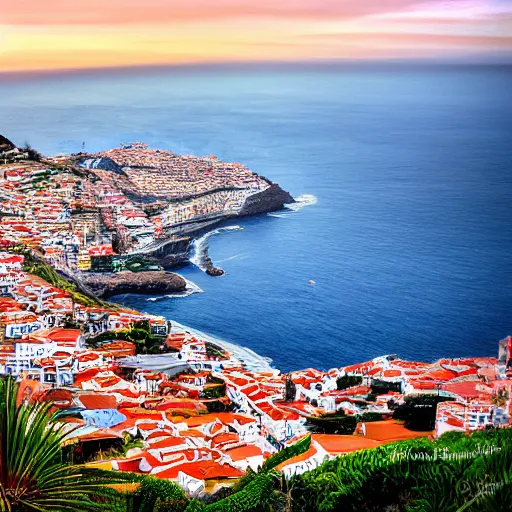 Prompt: madeira island, funchal, the bay, very very wide shot, photo - realism, cinematic shot. photography