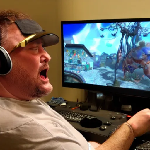 Image similar to obese Frank Miller wearing a headset yelling at his monitor while playing WoW highly detailed wide angle lens 10:9 aspect ration award winning photography