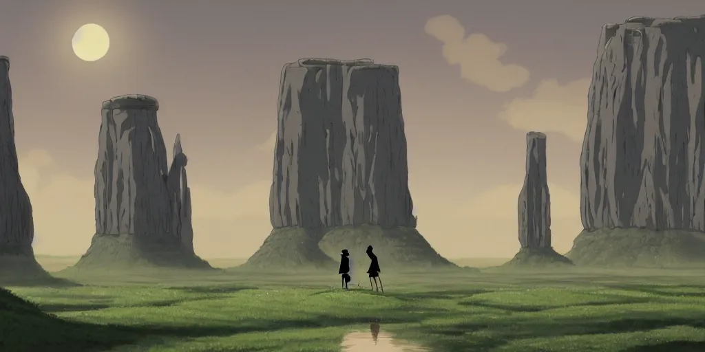 Image similar to a realistic cell - shaded studio ghibli concept art from paprika ( 2 0 0 6 ) of a giant mammoth and a grey warrior in a flooded monument valley stonehenge on a misty starry night. very dull colors, wide shot, hd, 4 k, hq