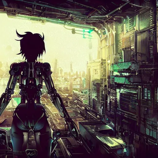 Prompt: android mechanical cyborg girl in overcrowded urban dystopia gigantic future city pitch black night raining makoto shinkai wide angle distant shot dark and dreary