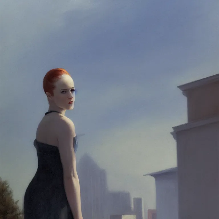 Image similar to portrait of Evan Rachel Wood on a roof, fog, early morning, , painted by Edward Hopper, painted by Wayne Barlow, airbrush