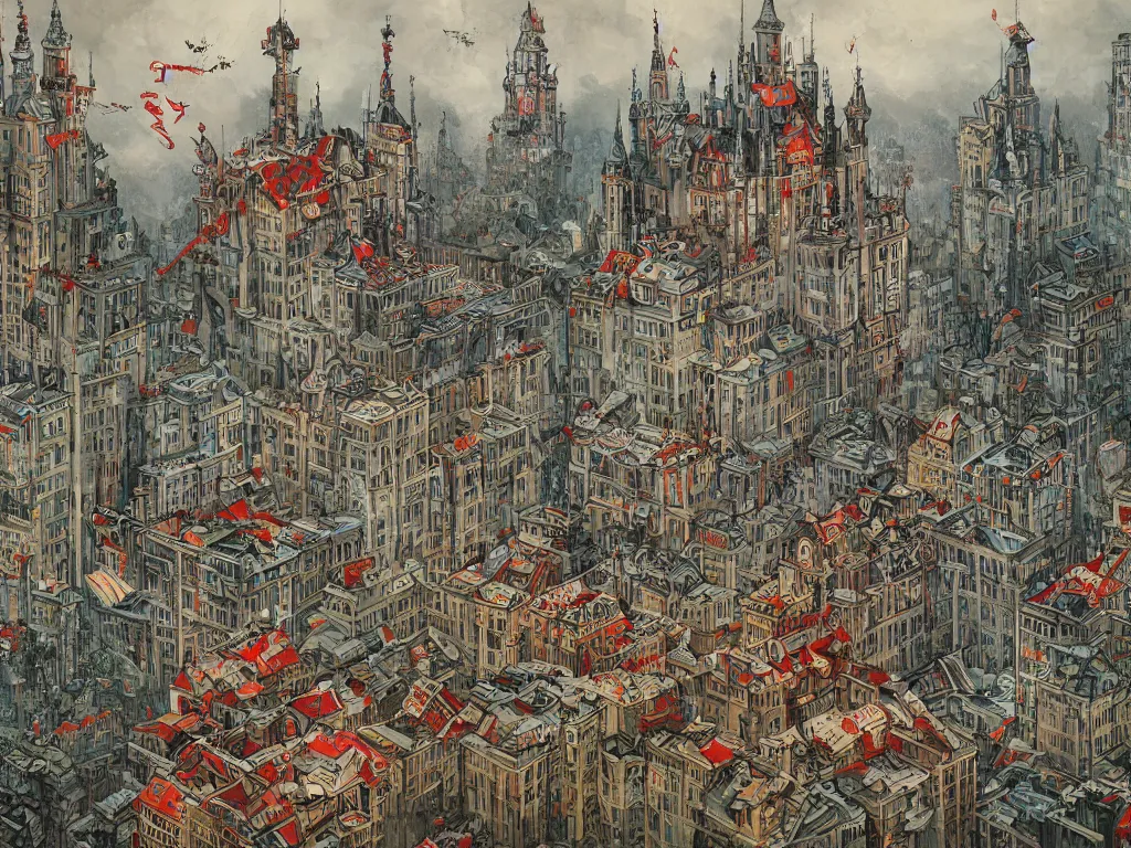 Image similar to headquarters of transylvanian software company in communist times. painting by james jean