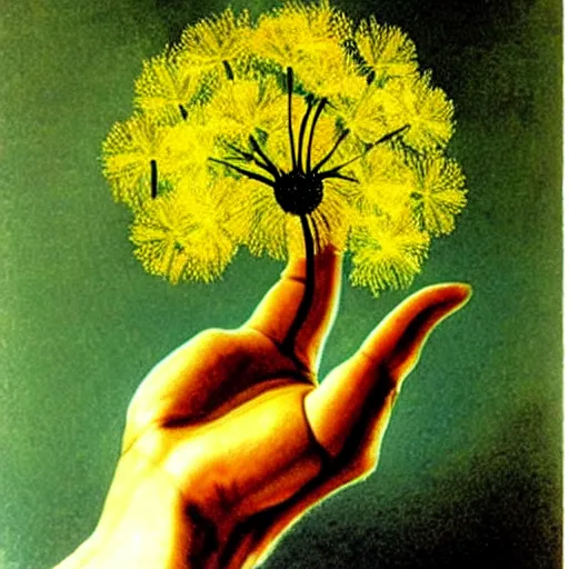 Image similar to a hand with dandelions growing out of it, by salvador dali