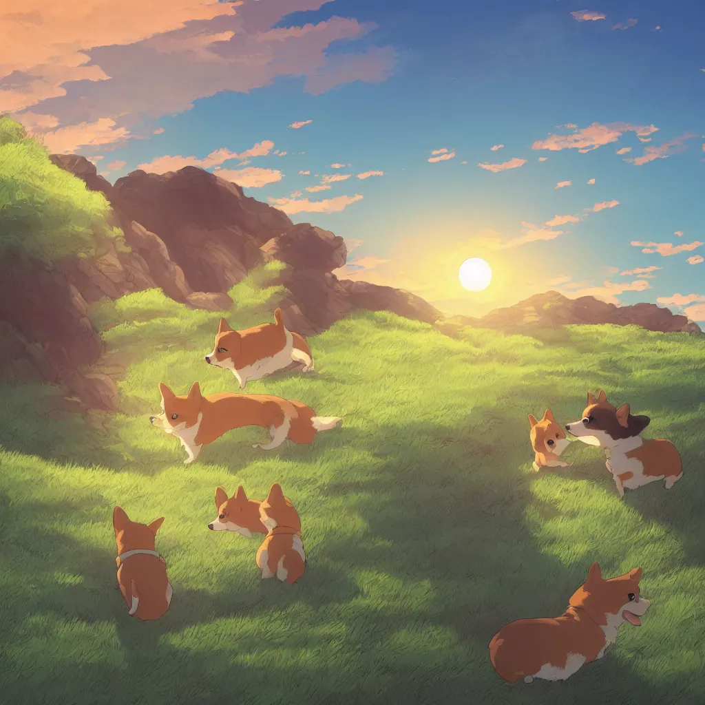 Prompt: boy and girl embracing with corgis running around them while facing landscape with a sunset in the background studio ghibli art style, digital art, highly detailed, illustration, artstation, smooth, sharp focus - n 9