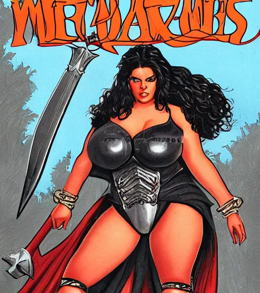 Prompt: 1 9 8 0 s fantasy novel book cover, bbw plus size amazonian victoria justice in extremely tight bikini armor wielding a cartoonishly large sword, exaggerated body features, dark and smoky background, low quality print
