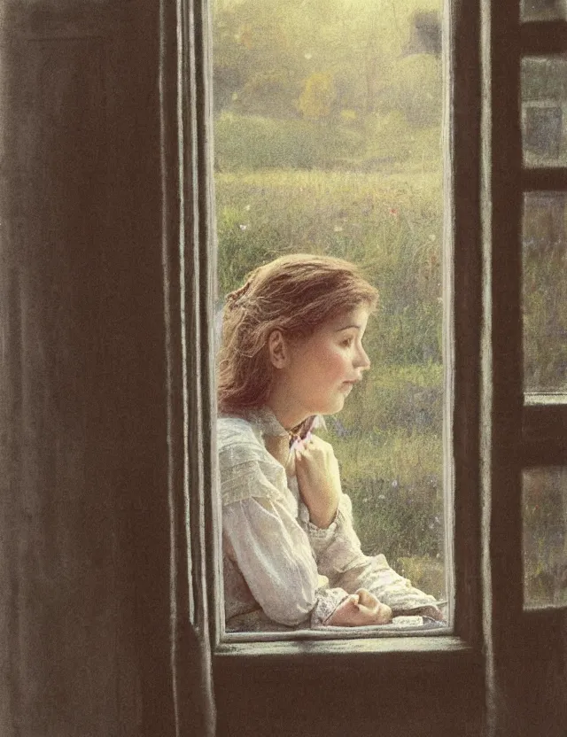 Image similar to peasant girl in a morning in country house looking in a window, cottage core, polaroid photo bleached vintage pastel colors high - key lighting, soft lights, foggy, by steve hanks, by lisa yuskavage, by serov valentin, by tarkovsky, detailed, oil on canvas